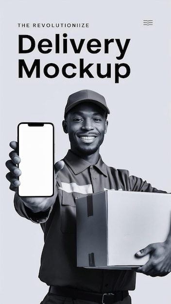 Photo smiling courier man showing cellphone with white blank screen and holding cardboard box advertisin