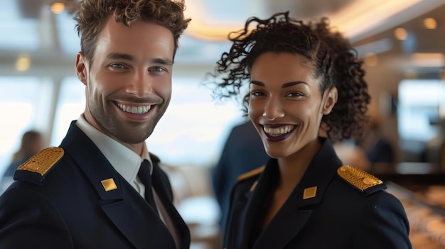 Photo smiling crew members greeting passengers showcasing warmth