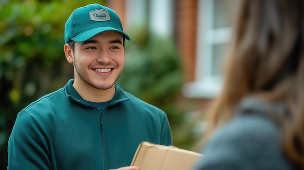 Photo smiling customer receives package from delivery driver