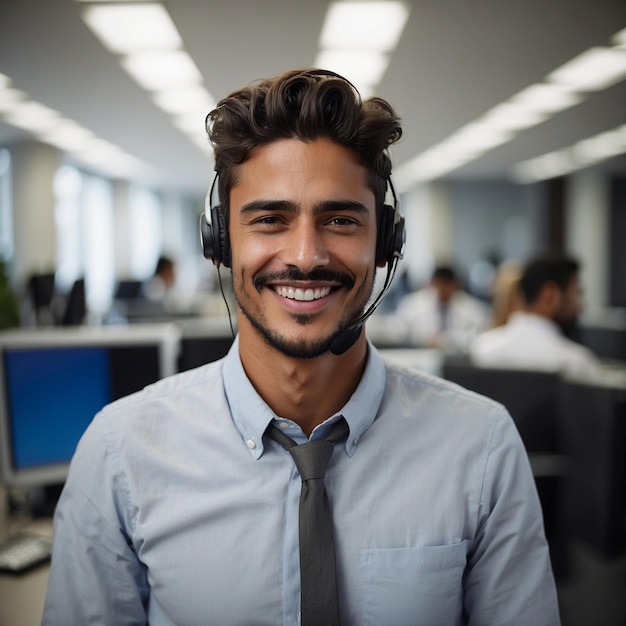 Smiling customer service center in his office