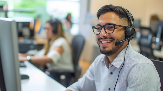 Smiling customer service representative working on computer in office