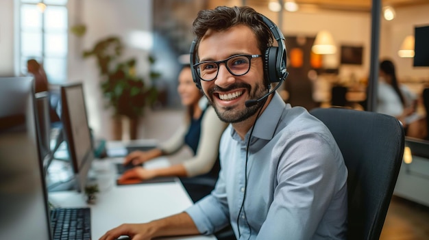 Smiling customer service representative working on computer in office