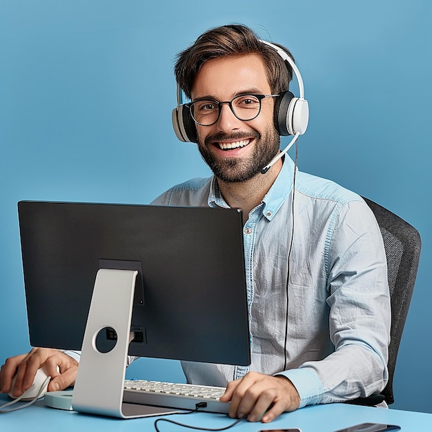 smiling customer support man typing on computer