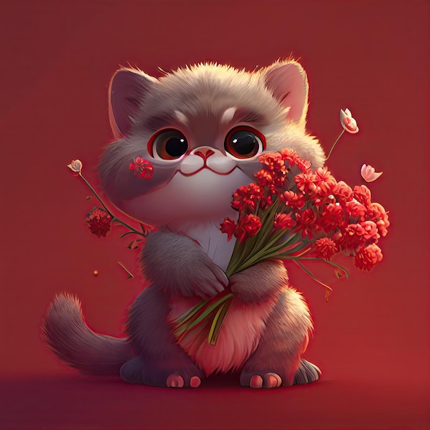 Smiling cute cat holding bouquet in colorful flowers isolated warm background