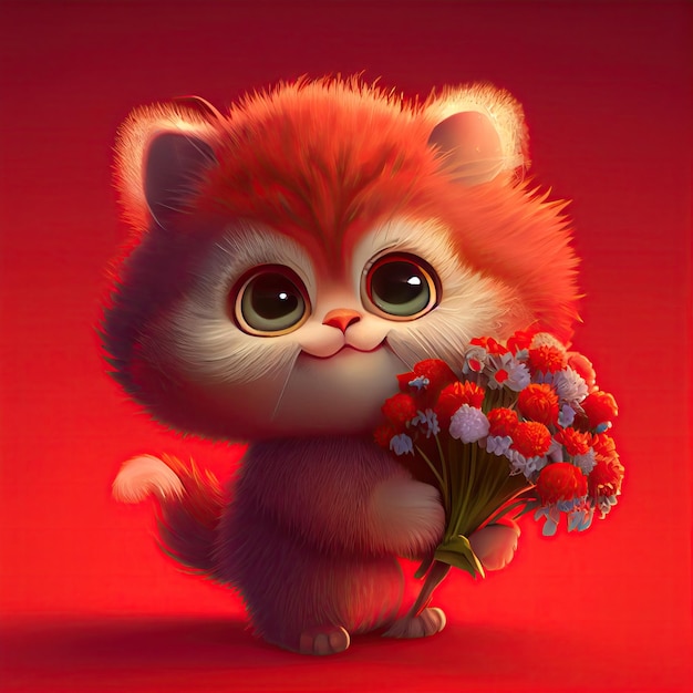 Smiling cute cat holding bouquet in colorful flowers isolated warm background