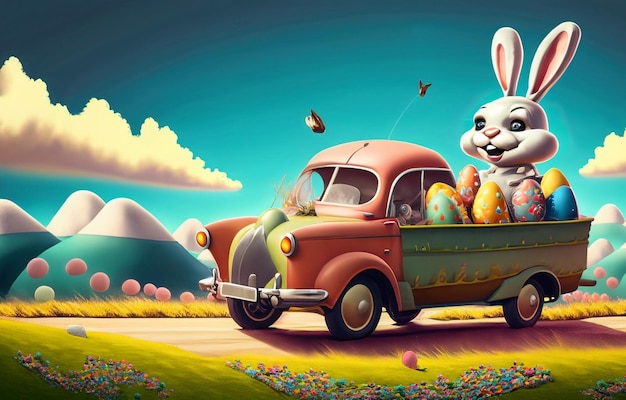 Smiling cute and cool cartoon style Easter bunny racing in retro car for Easter Happy Easter Poster and template with Easter bunny and colorful Easter Eggs