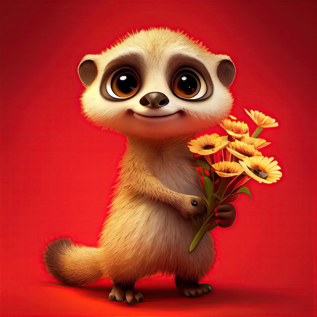 Smiling cute meerkat holding bouquet in colorful flower isolate warm background