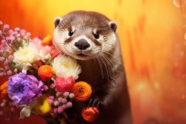 Smiling cute otter holding bouquet in colorful