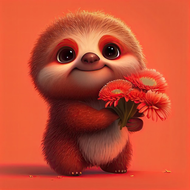 Smiling cute sloth holding bouquet in colorful flowers isolated warm background