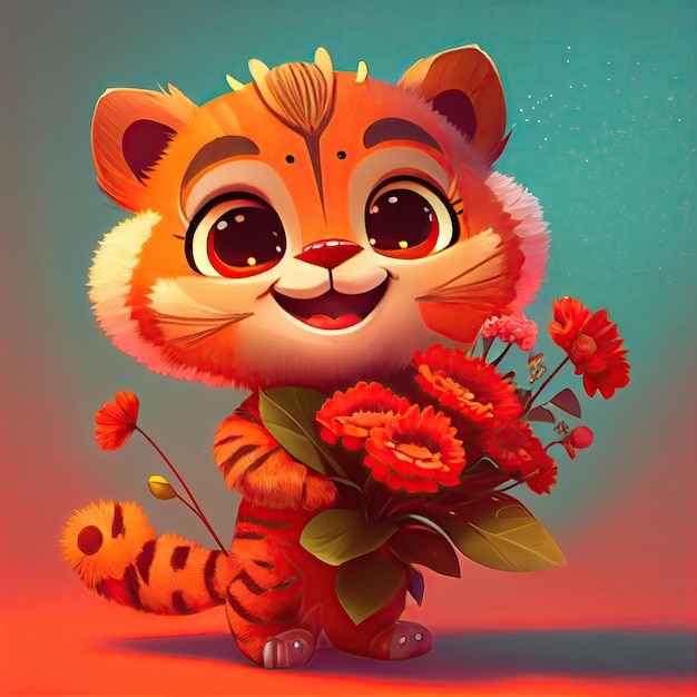 Smiling cute tiger holding bouquet in colorful flowers isolated warm background