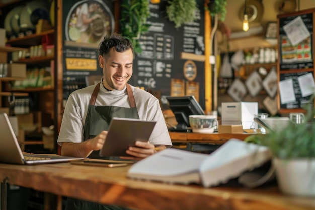 Photo smiling deli manager working on a tablet and laptop in his shop smiling young male deli owner workin