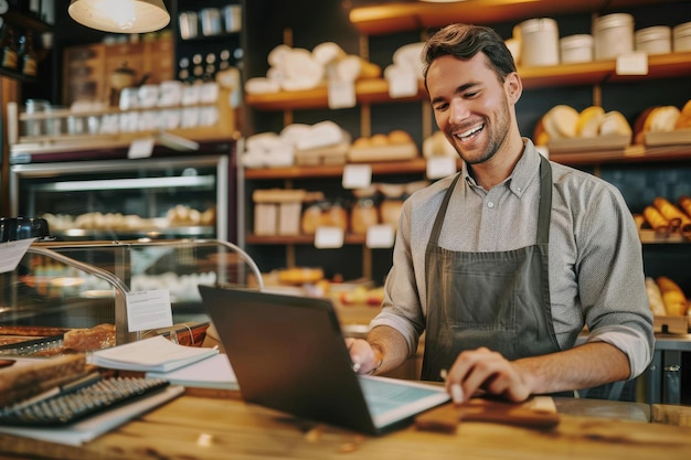 Photo smiling deli manager working on a tablet and laptop in his shop smiling young male deli owner workin