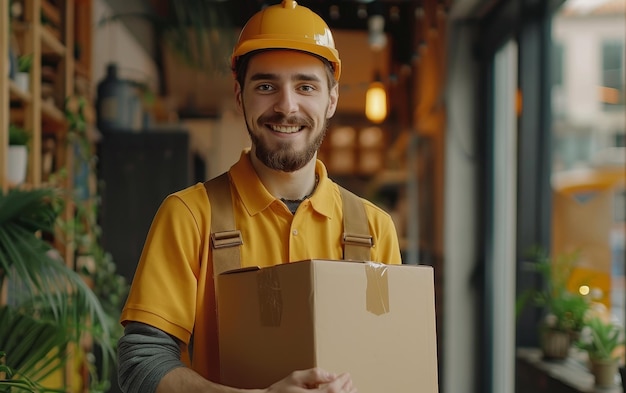 Smiling Delivery Driver Holding Package in Store