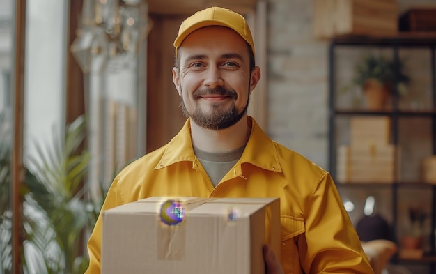 Smiling Delivery Driver Holding Package in Yellow Uniform