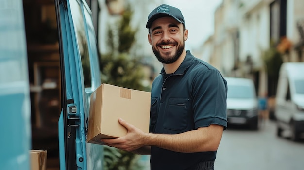 Smiling Delivery Man Holding Package Next to Van on Urban Street