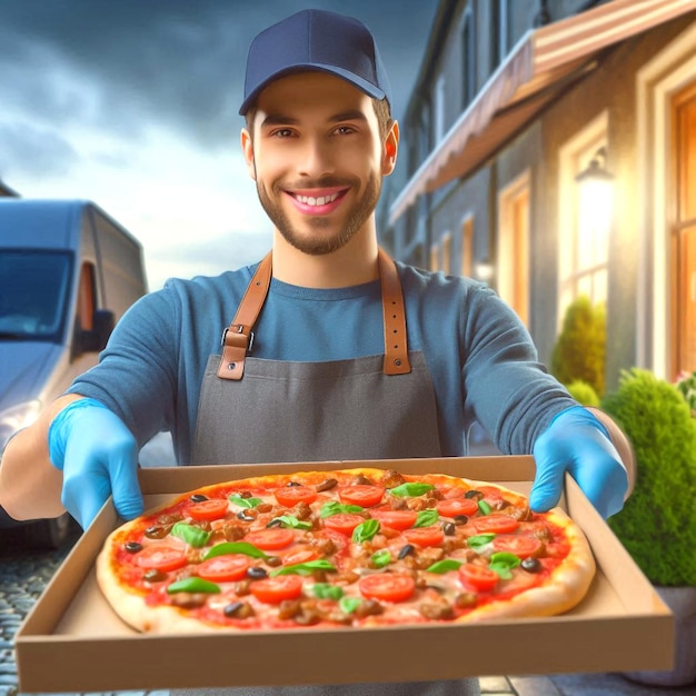 a smiling delivery man holding a pizza box in the city