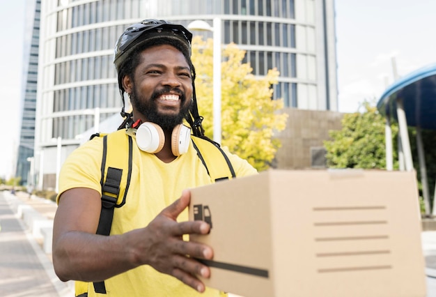 Smiling delivery man holds with his two hands a box carries a backpack