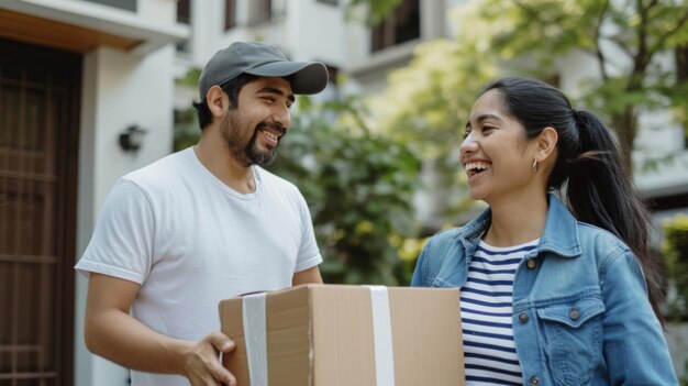 smiling delivery man in a white tshirt and blue cap handing over a package