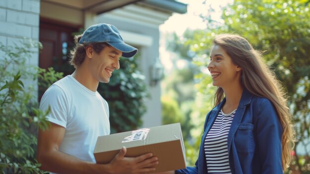 Photo smiling delivery man in a white tshirt and blue cap handing over a package