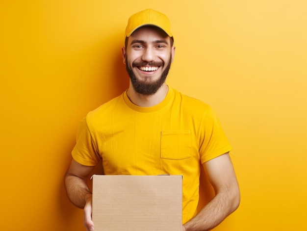 A smiling delivery man in a yellow uniform holds a package against a yellow background ready for del