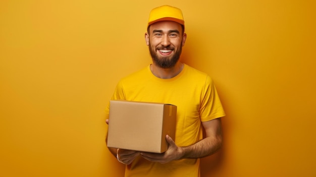 A smiling delivery man in a yellow uniform holds a package against a yellow background ready for del