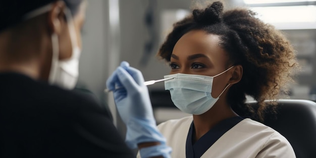 Smiling dentist with face mask talking to Black woman during dental procedure at dental clinic