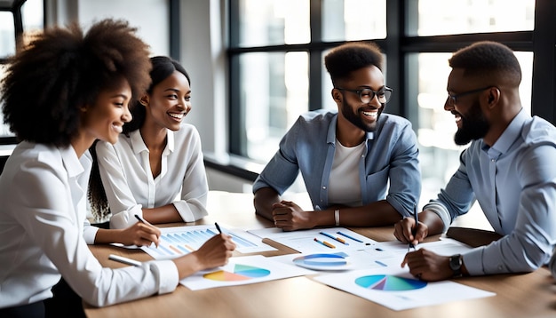 Smiling diverse colleagues gather in boardroom brainstorm discuss financial statistics together