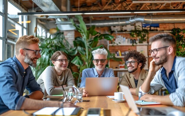 Photo smiling diverse colleagues gather in boardroom brainstorm discuss financial statistics