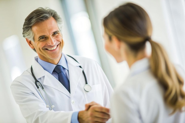 smiling doctor at the clinic giving and handshake to his patient healthcare