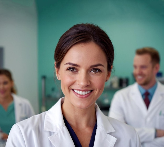 a smiling Doctor Face a white lab coat with a green shirt