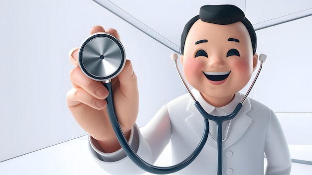 Smiling Doctor Holding Stethoscope A cheerful cartoon doctor in a white coat holds a stethoscope