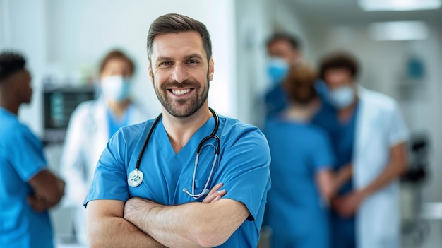 Smiling doctor portrait in hospital environment Medical professional in blue scrubs with stethoscope Modern healthcare setting showcasing teamwork and confidence Generated by AI