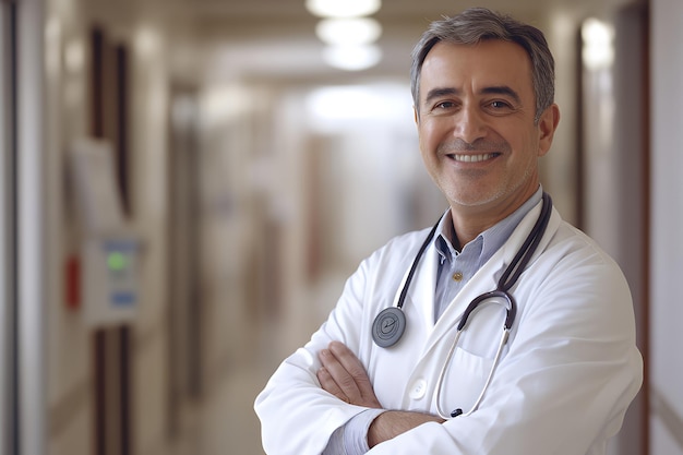 A smiling doctor stands in a hospital hallway looking directly at the camera with arms crossed