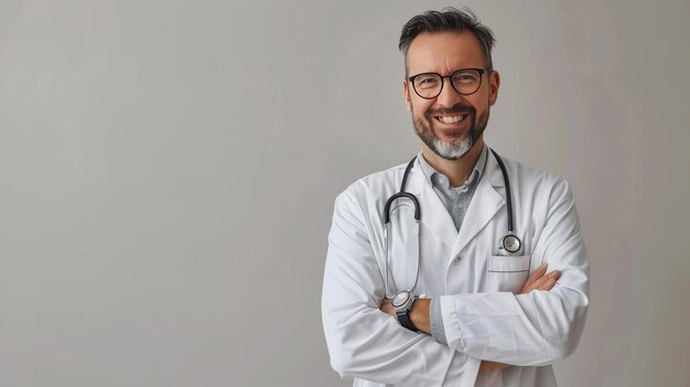 Smiling doctor with crossed arms on plain grey background