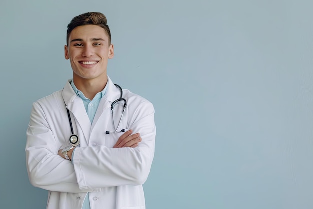 a smiling doctor with his arms crossed and wearing a stethoscope