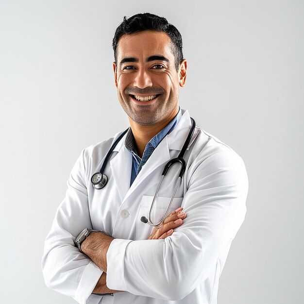 a smiling doctor with a stethoscope around his neck