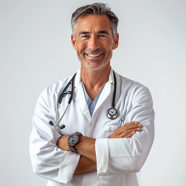 a smiling doctor with a stethoscope around his neck