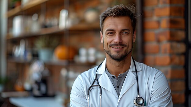 a smiling doctor with a stethoscope around his neck