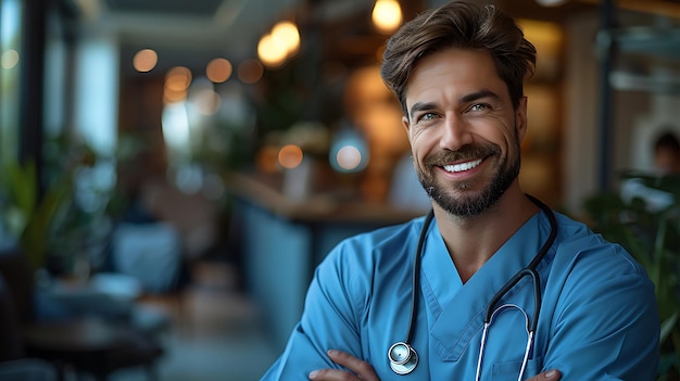 a smiling doctor with a stethoscope around his neck