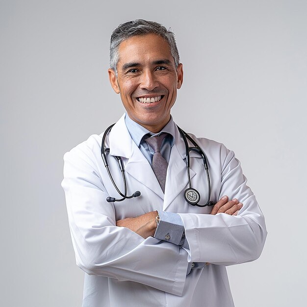 a smiling doctor with a stethoscope on his neck