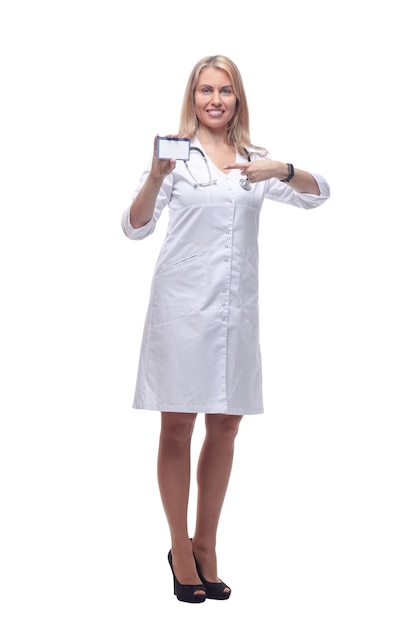 Smiling doctor with a stethoscope showing her visiting card