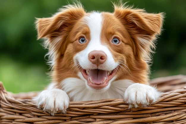 Photo smiling dog in a basket photo