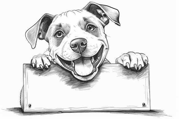 Photo smiling dog holding blank sign in monochrome cartoon sketch style for your message