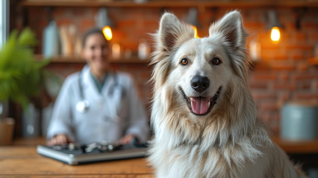 Photo a smiling dog looks confidently at the camera with a blurred veterinarian in the background highlighting trust and care in animal healthcare