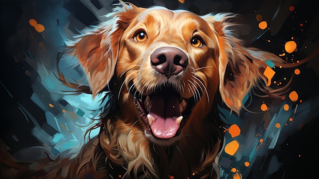 Smiling dog in a painted style with splashes of paint