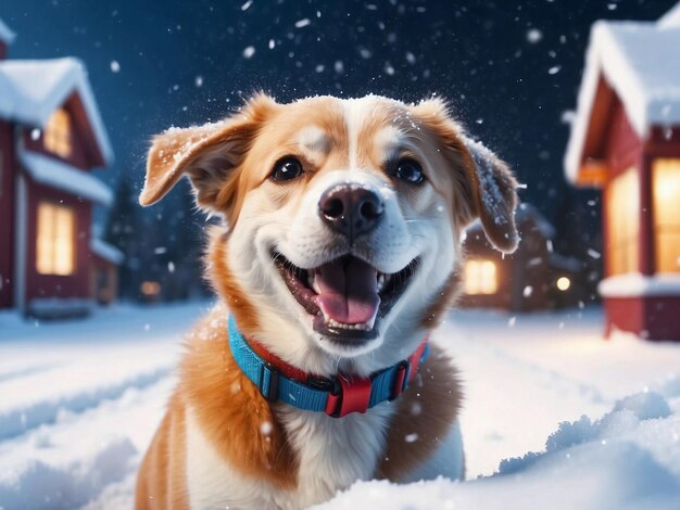 Smiling dog in winter snow landscape