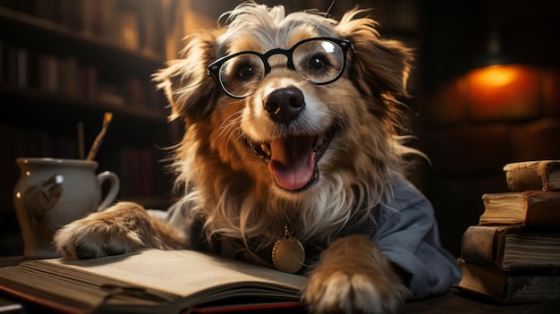 Smiling dog with glasses next to books smart dog