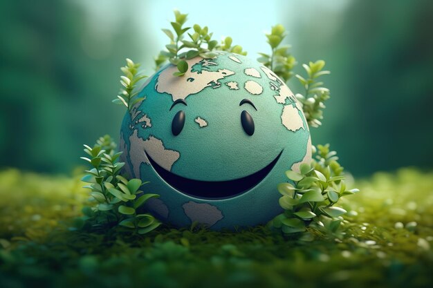 A smiling earth globe sits in the grass with a smile on it.