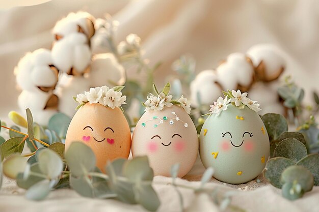 Photo smiling easter eggs with flowers