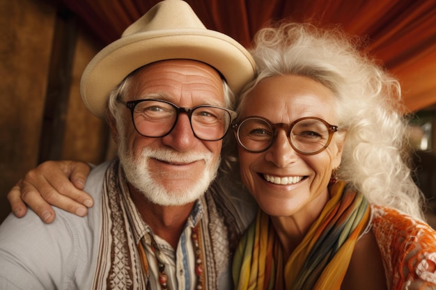 Smiling elderly couple travellers in glasses hug take selfie photo looking at camera Generative AI